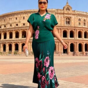 women elegant floral printed skirt set